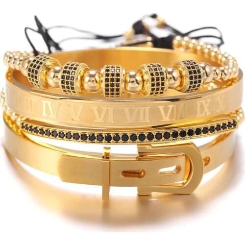 4PCS/Set Luxury CZ Geometric Copper Bracelet Set Men Classic Gold Stainless Steel Bracelet Pulseira Masculina