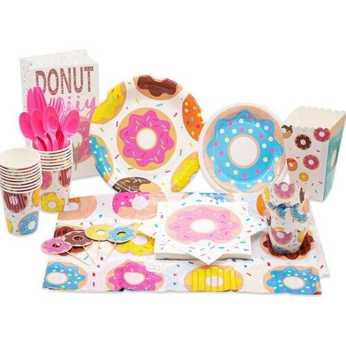 Donut Birthday Set Disposable Tableware Paper Plate Paper Cup Gift Bag Knife And Fork Girl Baby Party Supplies