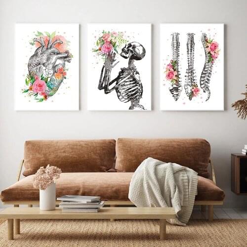 Watercolor Anatomy Floral Heart Spine Wall Art Canvas Painting Posters and Prints Wall Pictures Medical Doctor Clinical Decor