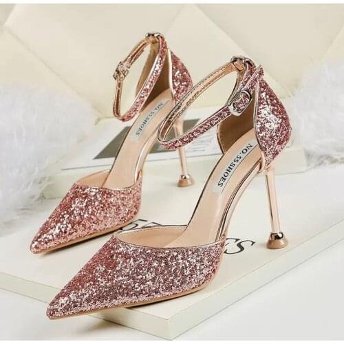 2020 New Ladies High Heels European and American Style Sexy Pointed Sequins with Thin Sandals Stiletto Temperament Womens Shoes