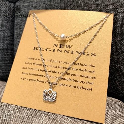 New Beginnings Layered Pearl Lotus Flower Necklaces Jewelry Gold Sliver Filled Alloy Choker Chains Pendant Necklace For Women
