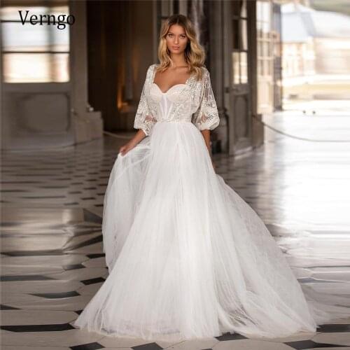 Verngo New Design 2021 A Line Tulle Wedding Dresses With Removable Lace Jacket Beads Puff Sleeves Elegant Bride Gowns Lace Up