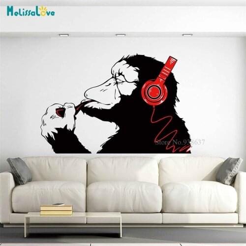 Listen to Music Gorilla Monkey With Headphones Decal Home Living Room Decor Removable Vinyl Wall Sticker BD215