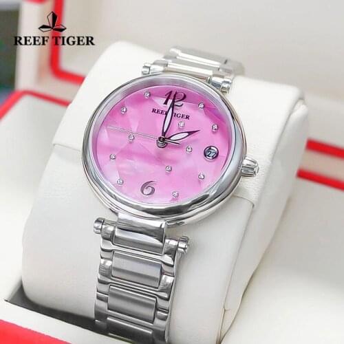 Reef Tiger/ RT Pink Dial Fashion Diamond Women Watches Stainless Steel Bracelet Automatic Luxury Mechanical Watch