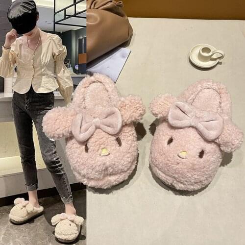 2021 Cute Cartoon Furry Tow Women Slippers Winter Warm Home Girl Heart Bowknot Puppy Flat Cotton Home Slippers