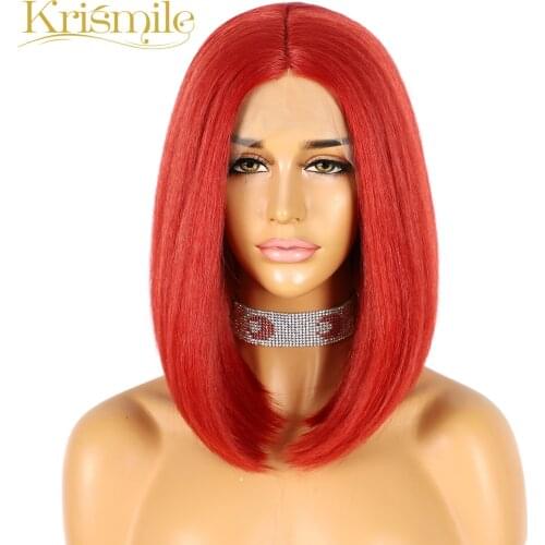 Krismile Synthetic Short Red Bob Yaki Lace Front Wigs for Women Daily Cosplay High Temperature Summer Hair Party Drag Queen