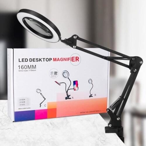Foldable Cantilever LED Magnifying Glass 6.30" Table Illuminated Soldering Magnifier Lamp with 1.97" Clamp for Reading M89B