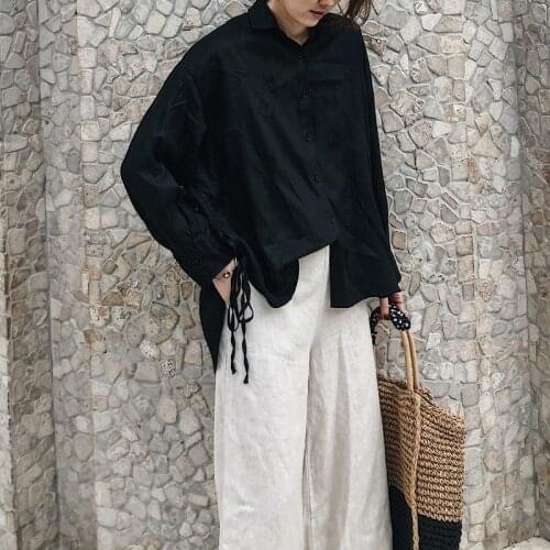 Spring and summer 2020 new womens Korean version of large, loose and slim long sleeve mid long Lapel cotton linen shirt