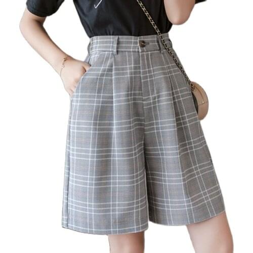 Sashes Shorts Women High Waist Vintage Plaid Wide Leg Suits Short Womens Elegant Straight For Ladies Casual 2021 Summer Clothing