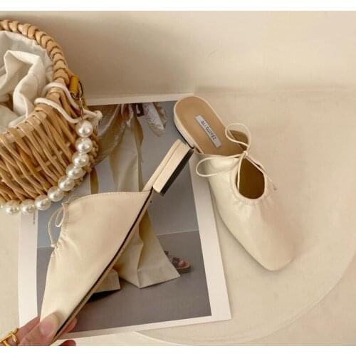 Flat Shoes Women New Style European and American Style Soft Leather Toe Cap Half Slippers Women Slippers Women Shoes