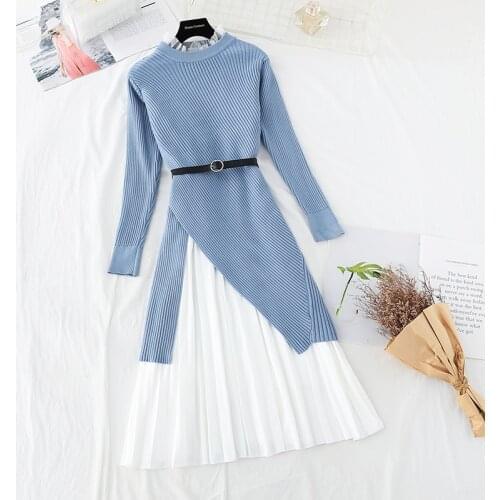 Two Pieces Suit Women Sweater Knitted Dress Autumn Winter Long Sleeved Sweater + Lotus leaf collar Vest Pleated Dress Suit