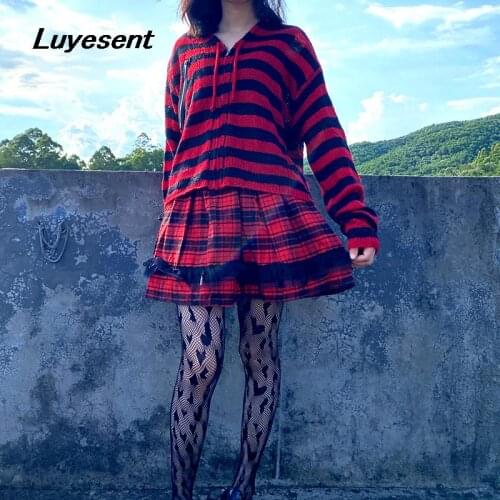 Gothic Lady Striped Zip-up Knit Hooded Sweater Women Hollow Out Knitted Hoodies Long Sleeve Harajuku Korean Fashion Sweaters