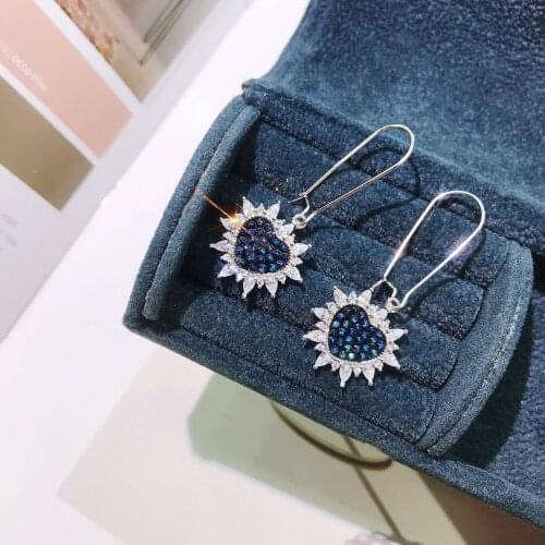 Whole Real 100% 925 Sterling Silver Drop Earrings Women Shiny Zircon Blue Enthusiasm Flaming Heart Ear Hook Exquisite Jewelry