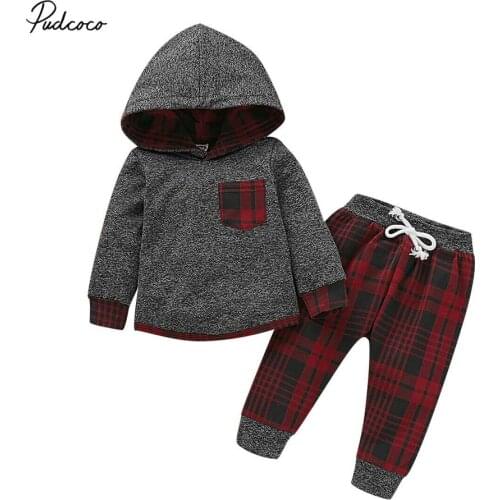 2019 Brand Toddler Baby Boy Girls Unisex Clothes Warm Hooded Sweatshirt+Pants Outfits Plaid Autumn Casual Clothing Set