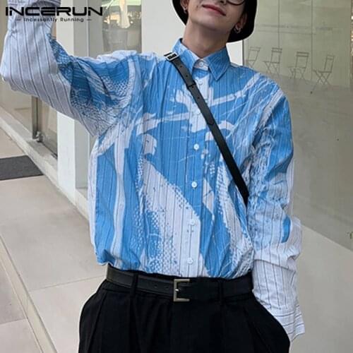 Long Sleeve Lapel Collar Blouse INCERUN 2021 Spring Striped Men Casual Button Shirts Man Patchwork Floral Camisa Masculina S-5XL