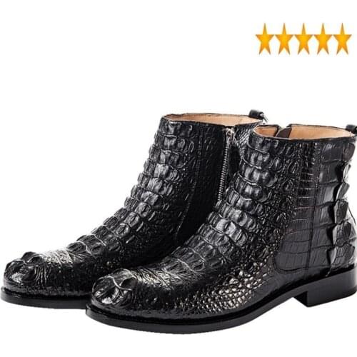 Men Luxury Crocodile British High-Top Formal Shoes Round Toe Zipper Black Genuine Leather Office Ankle Boots 38-44