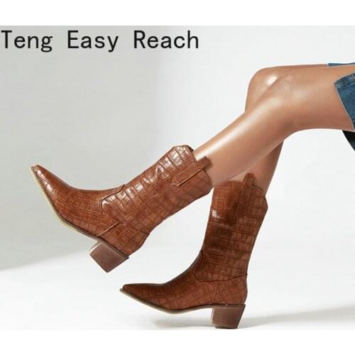 2021 Autumn Winter Casual Western Cowboy Ankle Boots Women Stone PU Leather Cowgirl Booties Short Boots Yellow Blue Black 34-43