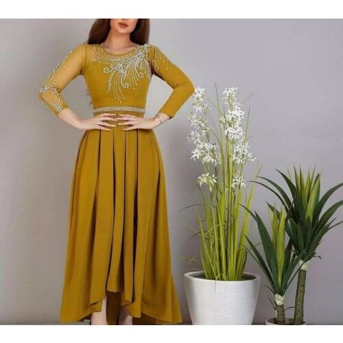 Elegant Long Sleeve Satin Beaded O-Neck Evening Dresses Floor Length Zipper Back Pleated Formal Party Gowns for Women