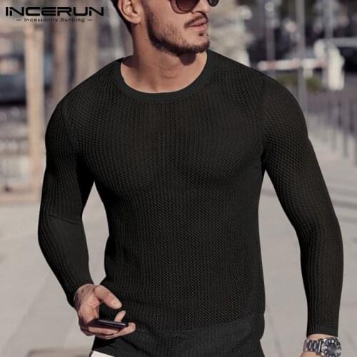 American Style New Mens Tees Casual Streetwear Sexy Leisure Short Breathable Mesh Round Neck Long sleeve T-shirt S-5XL INCERUN
