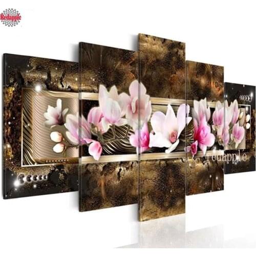 2019 Hot Sell Fashion diamond Painting 5 Pieces Abstract Diamond Orchid Flower Modern mosaic Home Decoration No Frame paintings