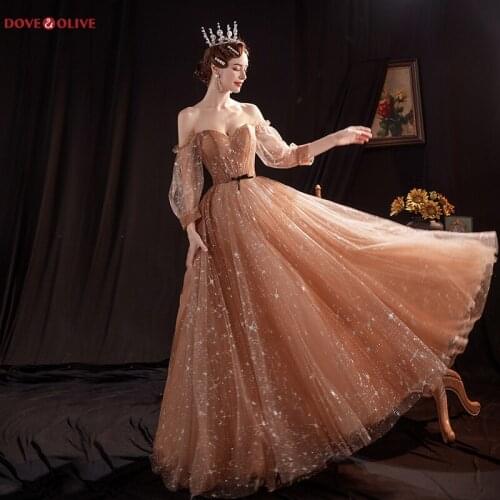 Coffee Bling Prom Dresses 2020 Long Dress Woman Party Night Off Shoulder Full Sleeve A Line Sweetheart Evening Gowns sukienka