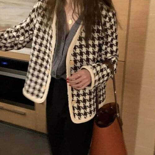 Elegant Women Jacket Korean Fashion Plaid Houndstooth Tweed Female Jacket Spring Autumn High Quality Office Lady Casual Outwear