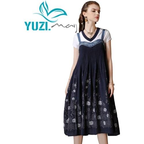 Summer Dress 2019 Yuzi.may Cotton Polyester Women Dresses Flower Embroidery Denim Patchwork Slip Dress A82181 Vestidos