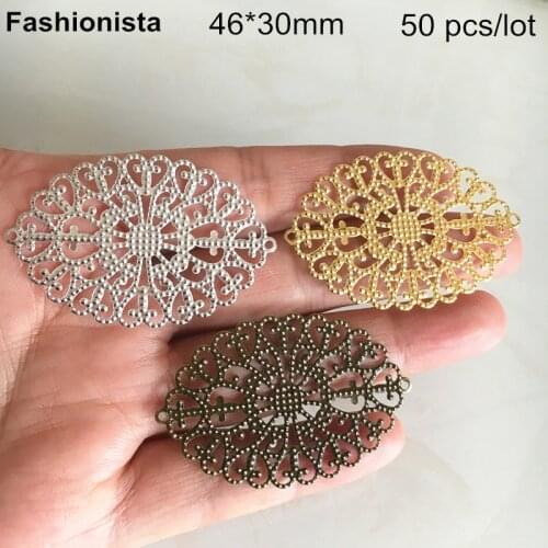 50 pcs -46*30mm Metal Stamping Oval Filigree Connectors For Jewelry,Gold-color,Silver-color,Bronze,Metal Filigree Flower Pattern
