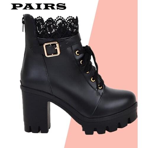 Fashion boots womens Platform Thick High Heel Lace Up Ankle Boots Platform Square heel Lace Student warm Snow Boots Plus Size