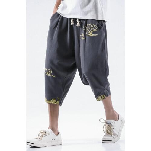 Streetwear Casual Pants Men Cotton Linen Harem Joggers Men Chinese Style Embroidery Calf-length Trousers Men