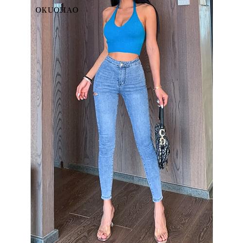 2020 New High Waist Ripped Jeans For Women Sexy Vintage Mom Boyfriend Jeans Femme Skinny Denim Pants Pencil Trousers Hot Sale
