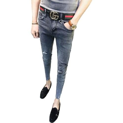 New arrival 2020 Spring autumn mens feet tight-fitting Ripped hole grey social Skinny ankle Length pants cowboy pencil jeans