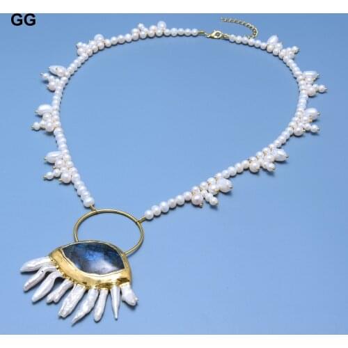 GuaiGuai Jewelry Natural White Pearl Necklace Real Blue Labradorite Biwa Keshi Pearl Pendant 22'' Office Style For Women
