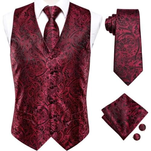 Hi-Tie Black Burgundy Paisley Silk Mens Slim Waistcoat Necktie Set For Suit Dress Wedding 4PCS Vest Necktie Hanky Cufflink Set