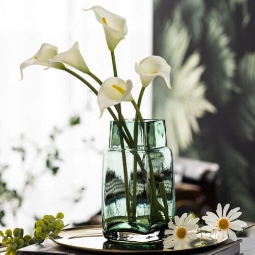 Simplicity Square Glass Vase Thick Nordic Living Room Flower Vases for Home Decor Dried Flower Bottle Bar Decoration Blue