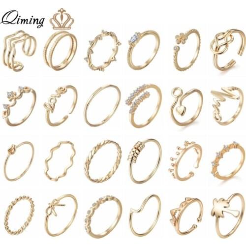 QIMING Korean Finger Toe Ring Womens Gold Fashion Wedding Jewelry CZ Crystal Midi Rings Minimalism Knuckle Ring Girls Gift