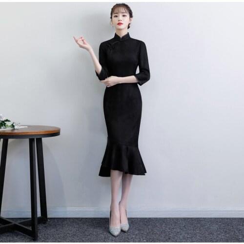 Sexy Mermaid Cheongsam Dress Jacquard China Dress Traditional Black Qipao Modern Chinese Fashion Evening Dresses Cheongsams