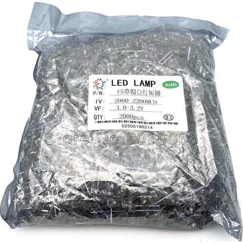 1000pcs/lot 5MM/F5 straw hat LED white turn white light emitting diode 4.8MM clear light beads short feet