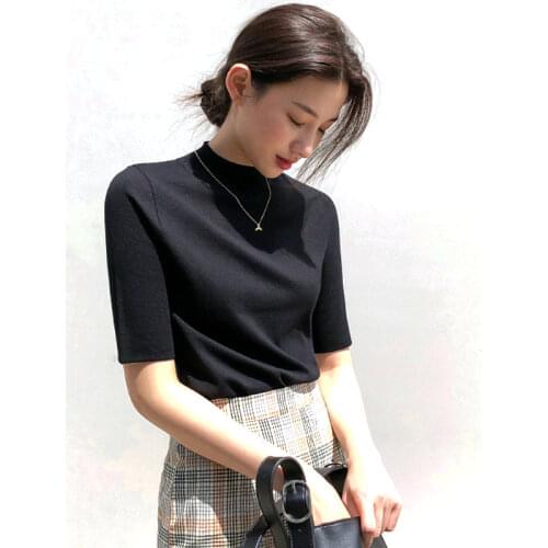 Oversized Women Knitted Sweater Pullovers Short Sleeve Semi Turtleneck Thin Sweater For Female Slim Jumper Office Lady Tops
