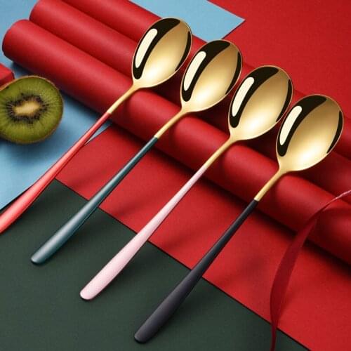 Thick Stainless Steel Household Long Handle Eating Watermelon Student Tableware Creative Childrens Net Red Small Round Spoon