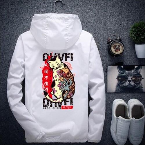Japan Style Jacket Men Fashion 2019 Spring New Hooded Windbreaker Jacket Stylish Cat Print Mens Coats Casual Mens Jackets