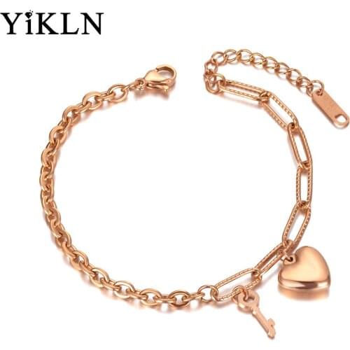 YiKLN Stainless Steel Key & Heart Charm Bracelets For Women Girl Bohemia Rose Gold Chain & Link Bracelet Jewelry YB20067