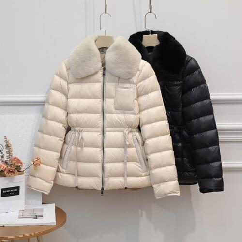 Ailegogo Winter Ultra Light 90% Duck Down Jacket Women Large Natural Rabbits Hair White Duck Down Parka Sash Tie Up Warm Coats
