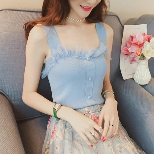 Summer Women Knitting Solid Patchwork Mesh Sweet Camis Tops Sleeveless Tee shirts Girls Crop Tops Knitwear