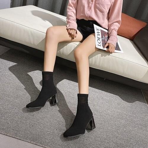 2020 Spring and Autumn mid-tube thick heel square-toe elastic boots for women knitted thin thin boots high heel socks boots X564