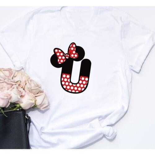Alphabet ABC Letter U Print Women T Shirts Mickey Mouse Minnie Mouse Cartoon T-shirts Tee Shirts O-neck Loose White Disney Tops