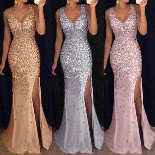 Fashion Women Sexy Backless Dress Ladies Deep V Elegant Sequin Prom Party Dress Gold Club Bridesmaid Sleeveless Long Dress Robe