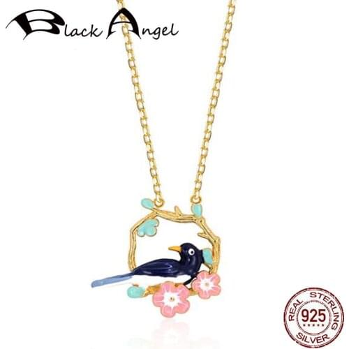 New Handmade Enamel Rose Flower Magpie Necklace for Woman Chinese Wind 925 Sterling Silver Fashion Animal Pendant Jewelry