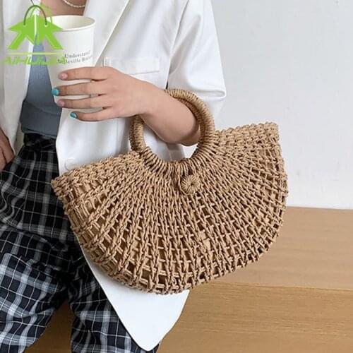 Fashion Straw Bag Summer New Style Hand-Woven Hollow Handbag Moon Shape Rattan Bag Big Capacity Handbag Casual Travel Beach Bag