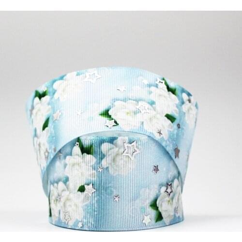 22-75mm silver foil flower printed glowing star ribbon hairbow headwear DIY handmade hair bows accessories 10/25/50yards